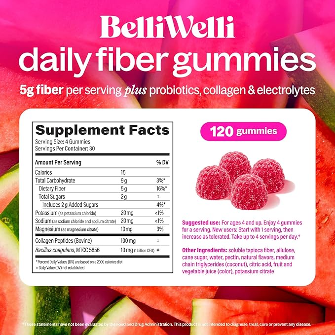 Belli Welli Fiber 4-in-1 Fiber Gummies Supplement with Added Probiotics, Collagen and Electrolytes for Regularity and Bloat Relief, Watermelon, 120 Count