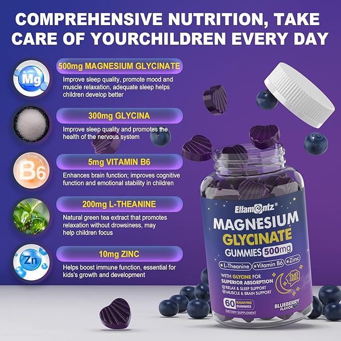 Magnesium Glycinate Gummies for Kids 6+ & Adults, Kids Magnesium Sleep Aid Gummies 500mg/250mg with L Theanine, B6, Glycine, Zinc for Sleep, Calm, Relax Brain, Muscle, Melotonin Free, Sugar Free, 60Ct