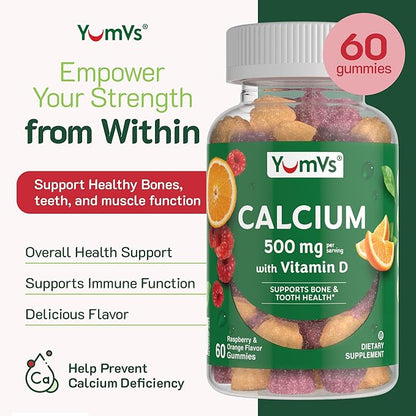 YUM-V'S Calcium 500mg with Vitamin D3 - Raspberry & Orange Flavor Calcium Vitamin D Gummies, Chewable Calcium Supplement for Kids & Adults, Vitamin D Calcium Gummies (60 Count (Pack of 2)