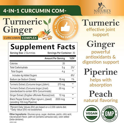 Turmeric Curcumin Supplement Gummies - 95% Curcuminoids with Turmeric & Ginger, Black Pepper for Best Absorption, Nature's Vegan Joint Support, Non-GMO, Gluten Free, Tasty Peach Flavor - 60 Gummies