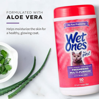 Wet Ones for Cats Freshening Wipes, Multi-Purpose Cat Grooming Wipes with Aloe Vera, Helps Remove Dirt, Odor, and Dander Between Baths, Fresh Scent, 50 Count