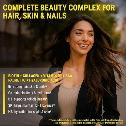 Biotin Gummies with Collagen Vitamin D3 Saw Palmetto & Hyaluronic Acid for Hair Skin and Nails, Hair Growth Supplement for Men & Women | Non-GMO | Gluten-Free | Natural Pineapple Flavor
