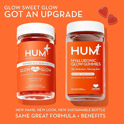 HUM Hyaluronic Glow Hydrating Skin Care Supplement, with Low Molecular Hyaluronic Acid, Vitamin C from Amla Fruit, and Vitamin E, Antioxidant Support for Skin Hydration, Tangerine, 60 Vegan Gummies