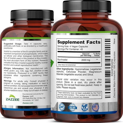 Zazzee Myo-Inositol Capsules, 2000 mg per Serving, 180 Vegan Capsules, Ideal Dosage for 40:1 Ratio, Certified Kosher, Hormone Balance & Healthy Ovarian Function Support, Non-GMO, Made in the USA