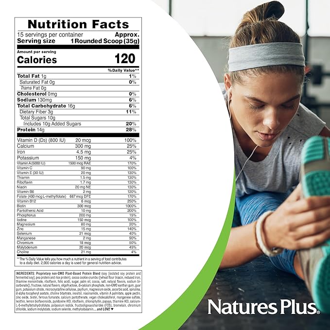 NaturesPlus SPIRU-TEIN, Cookies & Cream - 1.15 lbs - Plant-Based Protein Shake - Non-GMO, Vegetarian, Gluten Free - 15 Servings