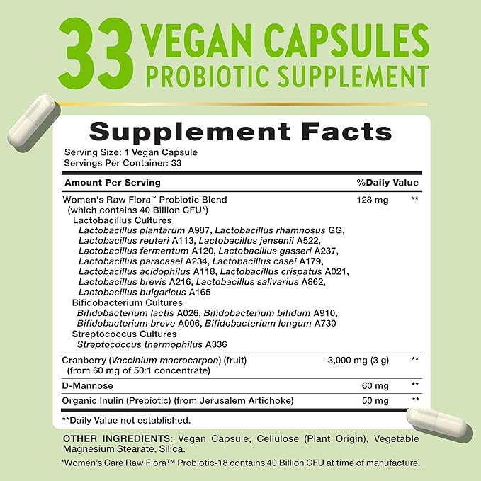 Raw Flora Women's Probiotics | Dr. Formulated 40 Billion CFU + Prebiotics | Digestive, Vaginal & Urinary Support | 33 Vegan Capsules with Cranberry & D-Mannose | Shelf Stable