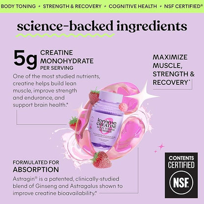 Lemme Creatine Monohydrate Gummies for Women and Men, 5g Dose to Support Lean Muscle, Strength, Recovery, Cognitive Health, w/Ginseng for Absorption, Sour Strawberry, NSF Certified, 60 Gummies