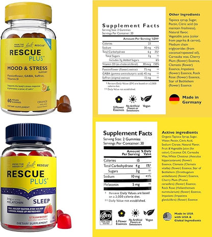 Bach Rescue Plus Sleep Gummies with 5mg Melatonin/dose [and] Bach Rescue Plus Mood & Stress Support Gummies with Key Nutrients and Botanicals - 2PK Dietary Supplements, 60Ct Each