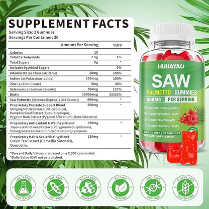 Saw Palmetto Gummies 600mg Saw Palmetto Supplement with Pumpkin Seed Oil, Biotin, Prostate Health Supplements for Men, Advanced DHT Blocker, Hair & Urinary Health Support, Raspberry Flavor, 60 Counts