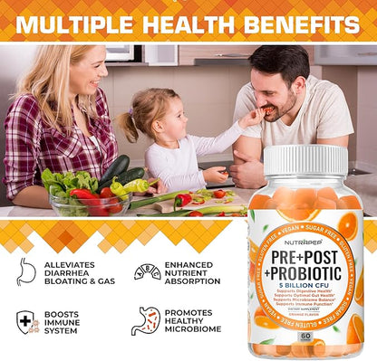 NutraPep Prebiotic Probiotic & Postbiotic Gummies for Women Men & Kids Children - High Potency 5 Billion CFU - Sugar-Free & Gluten 60 Count (Pack of 2)