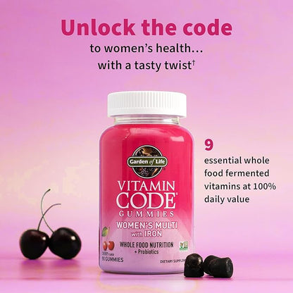 Garden of Life Vitamin Code Women’s Multivitamin Gummy with Iron: Folate, Biotin, D3 & B12 for Hair, Skin,Nails Probiotics for Immune Health, Non-GMO, Gluten-Free, 90 Cherry Gummies (Pack of 2)