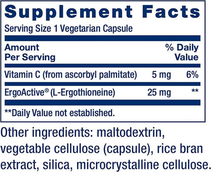 Life Extension Mega L-Ergothioneine, Healthy Aging Amino Acid, antioxidant, Powerful 25 mg dose, L-ergothioneine, Gluten-Free, Non-GMO, Vegetarian, 30 Capsules