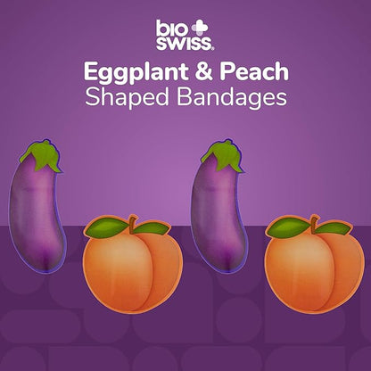 BioSwiss Funny Bandages, Eggplant and Peach Shaped Adult Novelty Self Adhesive Bandage Set, Latex Free, Sterile Wound Care, 24 Count