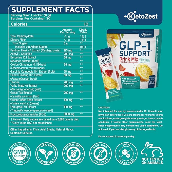 GLP-1 Support Drink Mix Powder - Women Men Weight Loss Support - GLP1 Support Prebiotic Fiber Supplement - Daily Natural Metabolism & Fat Burn Support - Reduce Bloating Gut