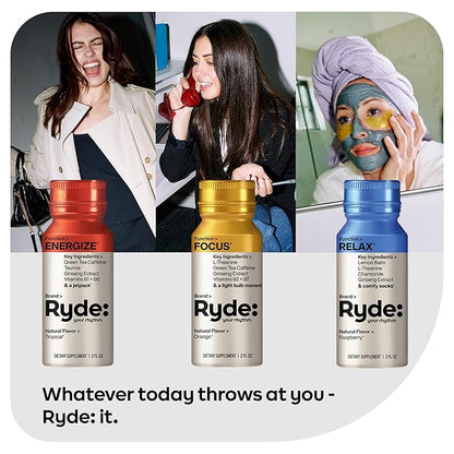 Ryde: Discovery Pack | Energize, Focus & Relax Shots | Green Tea Caffeine, Taurine, Ginseng, B Vitamins, L-Theanine, Lemon Balm, Chamomile | 0 Calories, 0 Sugar | Variety Pack – Try Them All (6 Pack)