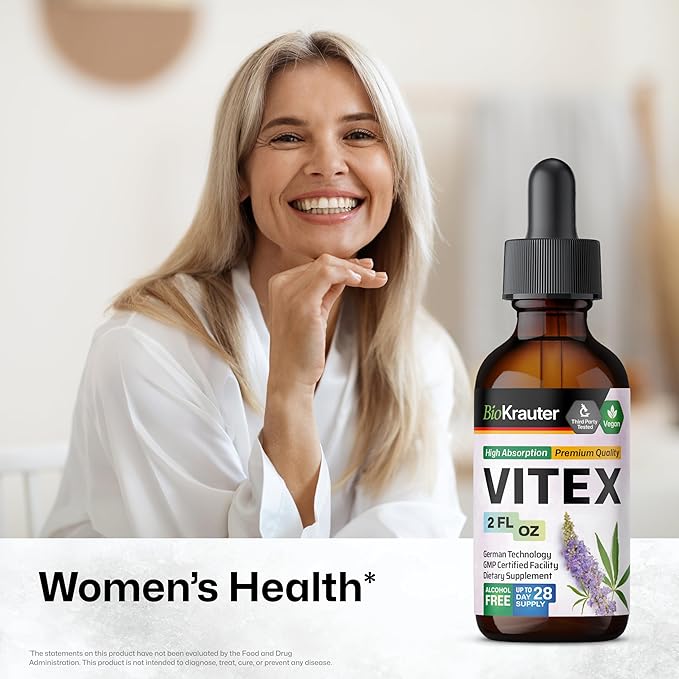 BIO KRAUTER Vitex Chasteberry Supplement for Women & Menopause Support* - 2 Fl.Oz 28 Days of Supply - Pure Vegan Vitex Berry Tincture - Alcohol & Sugar Free, Non-GMO - Relaxation & Women's Wellness