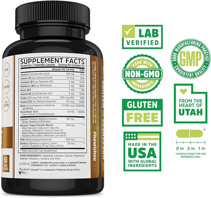 Zhou Hairfluence - Vegan Biotin Supplement for Hair Growth for Men & Women, Supports Stronger, Healthier Hair, Nails, & Glowing Skin with Lustriva & B Vitamin Complex - 60 Veggie Capsules (Pack of 1)