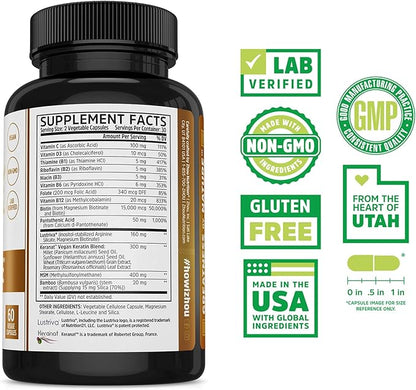 Zhou Hairfluence - Vegan Biotin Supplement for Hair Growth for Men & Women, Supports Stronger, Healthier Hair, Nails, & Glowing Skin with Lustriva & B Vitamin Complex - 60 Veggie Capsules (Pack of 1)