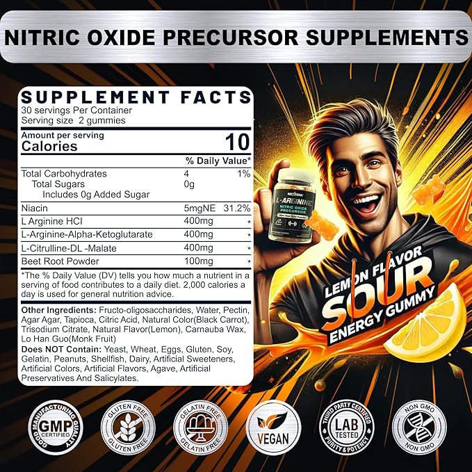 Nextdia Sugar Free L Arginine Nitric Oxide Gummies 1300mg for Men & Women with L Citrulline, Beet Root, B3 | L Arginine L Citrulline Supplements | Vegan, 60 Counts