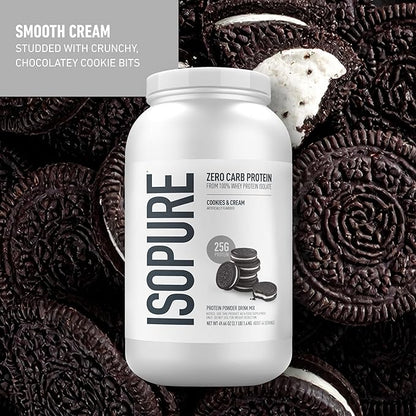 Isopure Zero Carb 100% Pure Whey Isolate Protein Powder, Gluten Free, With Vitamins, Cookies & Cream, 25g Protein Per Serving, 3 Pounds, 44 Servings (Packaging May Vary)