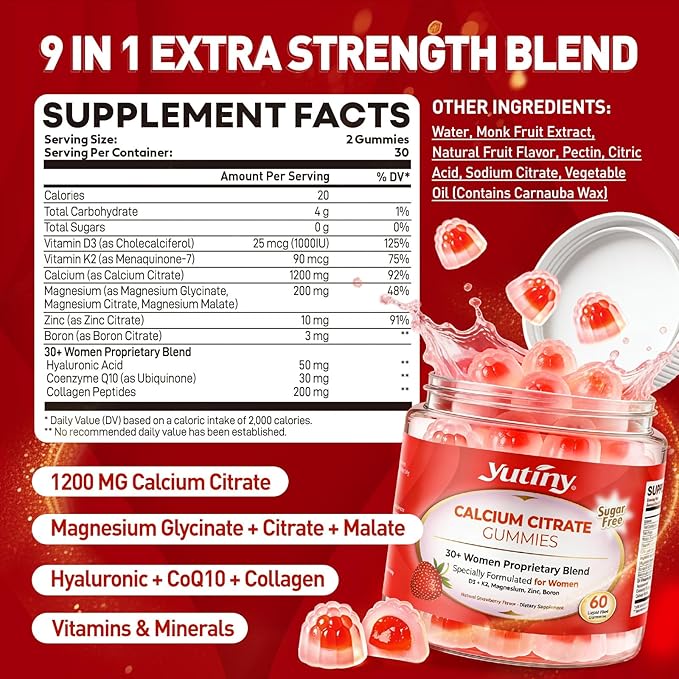 Calcium Supplement for Women Gummies 1200 mg, Calcium Citrate with Vitamin D3 K2 Magnesium Zinc, Overall Health, Sugar Free, Strawberry Flavor, 60 Chewables