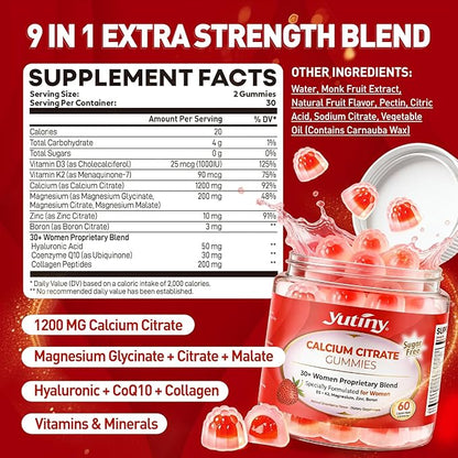 Calcium Supplement for Women Gummies 1200 mg, Calcium Citrate with Vitamin D3 K2 Magnesium Zinc, Overall Health, Sugar Free, Strawberry Flavor, 60 Chewables