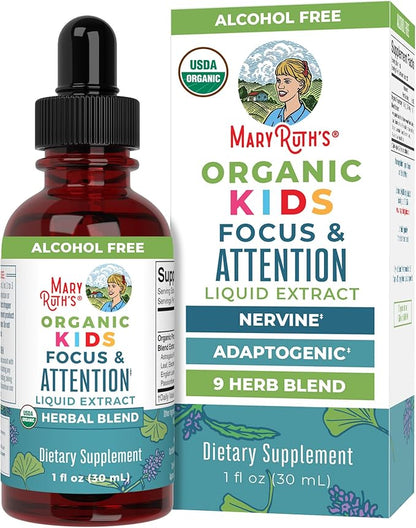 MARYRUTH'S Kids Focus & Attention Drops | USDA Organic Drops | Ginkgo Biloba | Rhodiola Root & Licorice Root | Adaptogenic | Calm | Vegan | Non-GMO | Gluten Free | 30 Servings