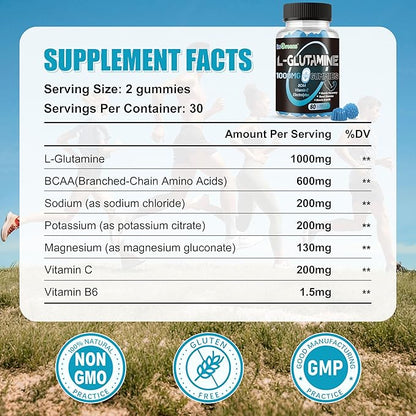 L-Glutamine Gummies 1000mg with BCAA, Potassium, Magnesium & Vitamin C, Muscle Recovery, Endurance Support & Daily Nutrition, Portable Supplement for Men＆Women, Lime Grapefruit Flavor, 240 Count
