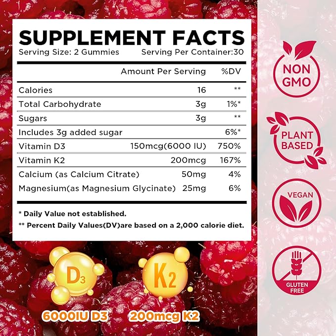 Aromlife Vitamin D3 K2 Gummies for Bone Teeth, 6000IU D3 + 200mcg K2 Per Serving High Absorption Vitamin Gummies with Calcium & Magnesium for Women Men, 60 Count Raspberry Flavor Vegan Gluten-Free