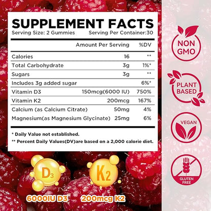 Aromlife Vitamin D3 K2 Gummies for Bone Teeth, 6000IU D3 + 200mcg K2 Per Serving High Absorption Vitamin Gummies with Calcium & Magnesium for Women Men, 60 Count Raspberry Flavor Vegan Gluten-Free
