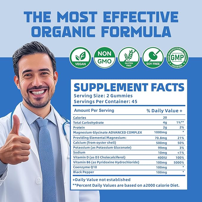 Magnesium Glycinate Gummies 1000mg with Magnesium L-Threonate,Chelated Magnesium Potassium Complex Supplement with VitD, B6, CoQ10, Calcium,Supports for Memory, Calm, Mood - 180 Gummies Blueberry