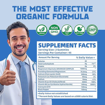Magnesium Glycinate Gummies 1000mg with Magnesium L-Threonate,Chelated Magnesium Potassium Complex Supplement with VitD, B6, CoQ10, Calcium,Supports for Memory, Calm, Mood - 90 Gummies Blueberry