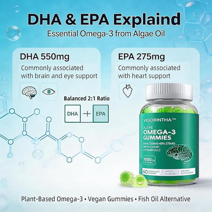 Vegan Omega 3 Gummies 1000mg with Coq 10, Vitamin D3,E,C,Omega 3 Fish Oil Alternative for Adults, Plant Based DHA 550mg & EPA 275mg for Brain, Mobility, Eye, Sugar Free, 60 Count