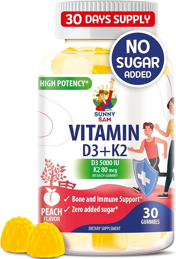 SUNNY SAM Sugar-Free Vitamin D3 K2 Gummies 5000 IU - Immune & Bone Support - Vitamin D Gummy Supplement for Adults - High-Absorption, Vegan, Halal, Gluten-Free Chewable Vitamins - 30 Count