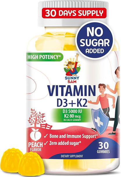 SUNNY SAM Sugar-Free Vitamin D3 K2 Gummies 5000 IU - Immune & Bone Support - Vitamin D Gummy Supplement for Adults - High-Absorption, Vegan, Halal, Gluten-Free Chewable Vitamins - 30 Count