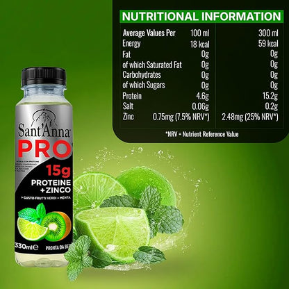 Sant'Anna PRO Functional Protein Drink – Green Fruits & Mint, 11.15 Fl Oz (12-Pack) | 15g Protein + Zinc | No Sugar | Clear Water | Crafted with Sant’Anna Alpine Water | BPA-Free | No Preservatives