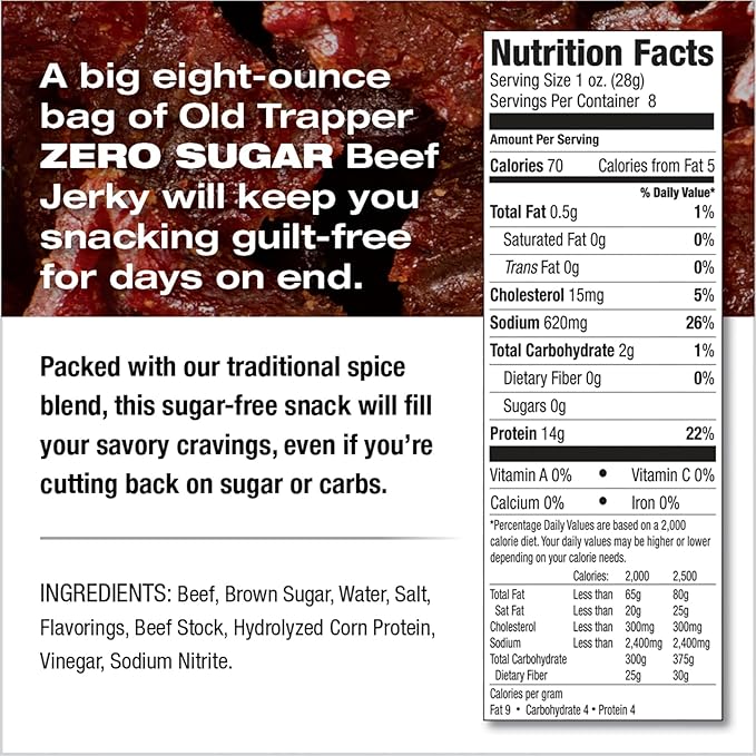 Old Trapper Zero Sugar Beef Jerky, Eight-Ounce Individual Package, Natural Wood Smoked Keto-Friendly Snack, 14 Grams of Protein, 70 Calories, and Zero Sugar Per Serving (Pack of One)