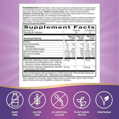 Nature’s Way Sambucus Kids Cough Relief +(1) Immune Gummy*, Feel Better Faster(1), Clinically Proven South African Geranium, with Elderberry, Vitamin C & Zinc, Gluten Free, Vegetarian, 36 Gummies