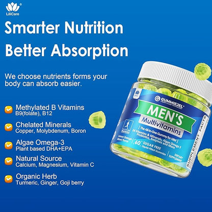 Mens Multivitamins Gummies, Methylated Multivitamin for Men, B Complex, Minerals, Vegan Omega 3, Probiotic, Enzyme, Antioxidants for Men's Complete Daily Support, Sugar Free, Vegan (No Iron) 60 Counts