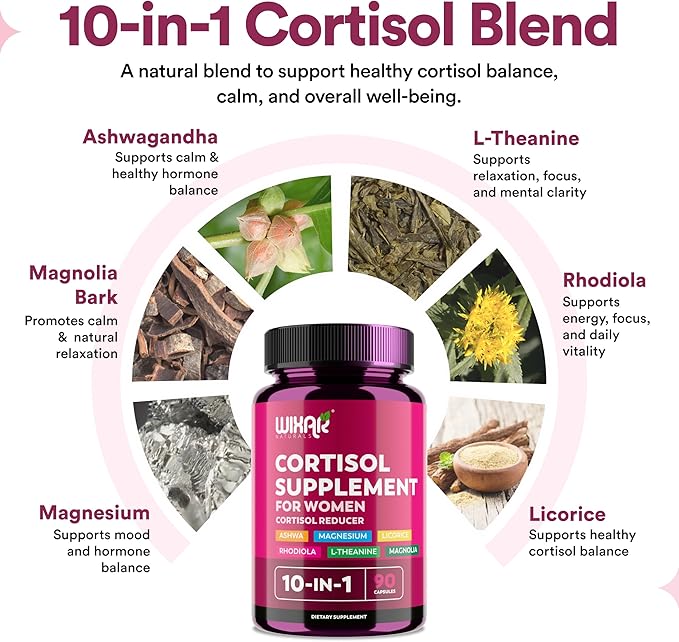 WIXAR Cortisol Supplements for Women with Ashwagandha, Magnesium, L-Theanine, Rhodiola Rosea - for High Cortisol Balanace Manager - for Sleep Support, Mood & Focus Supplement - 90 Capsules