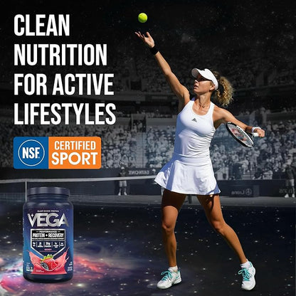Vega Sport Vegan Protein Powder + Recovery - 30g Plant Based Protein per Serving, Berry, 19 Servings, 5g BCAAs, Probiotics, NSF Certified, for Shakes & Smoothies, 1.8lbs (Packaging May Vary)