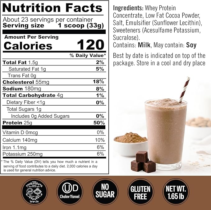 Dark Chocolate Whey Protein Powder. 25g Protein Shake for Post Workout Recovery, Smoothie & Baking. Gluten & Sugar Free, Highly Kosher, With Amino Acids (5.5g BCAA, 2.7g Leucine), 1.65lbs, 23 Servings