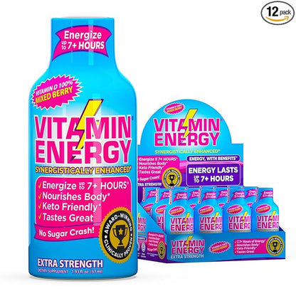 Vitamin Energy Vitamin D Extra Strength Energy Shot Mixed Berry 12 Pack, 260mg Natural Caffeine, B-Complex, Vitamin D, Wellness Support, Keto, Zero Sugar, Gluten-Free Vegan Kosher, 1.93 fl oz