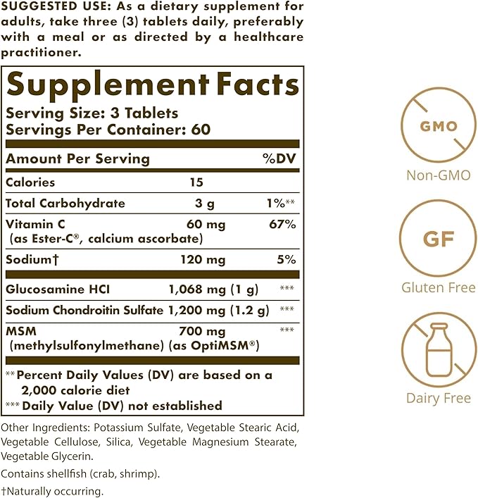 Solgar Extra Strength Glucosamine Chondroitin MSM w/Ester-C, 180 Tablets - Promotes Healthy Joints, Supports Comfortable Movement & Collagen Formation - Non-GMO, Gluten No, Dairy No - 60 Servings