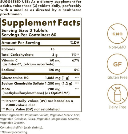 Solgar Extra Strength Glucosamine Chondroitin MSM w/Ester-C, 180 Tablets - Promotes Healthy Joints, Supports Comfortable Movement & Collagen Formation - Non-GMO, Gluten No, Dairy No - 60 Servings