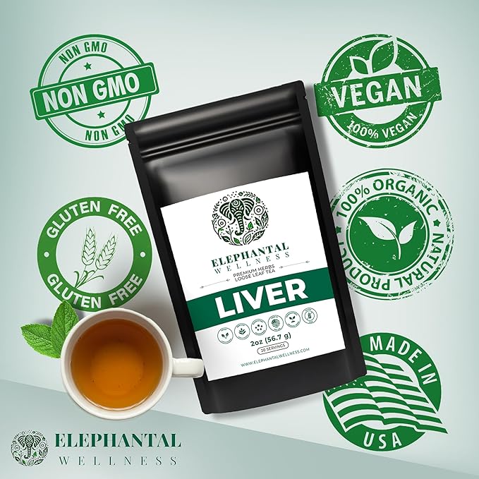 Elephantal Wellness Liver Herbal Tea – Supports Liver Detox, Repair & Resilience | Milk Thistle, Artichoke Leaf, Dandelion Root & Burdock | Caffeine-Free Loose Leaf Herbal Tea – 2oz, 20 Servings