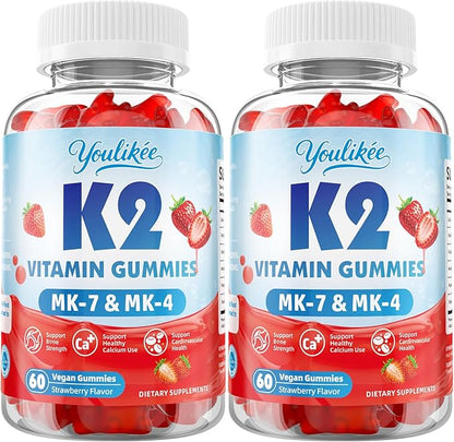 2 Pack Sugar-Free Vitamin K2 Gummies, Dual Formula Vitamin K2 Supplement with MK-7 & MK-4, Supports Bone Health, Gluten-Free, Non-GMO, Sugar-Free, Strawberry Flavor, 120 Gummies