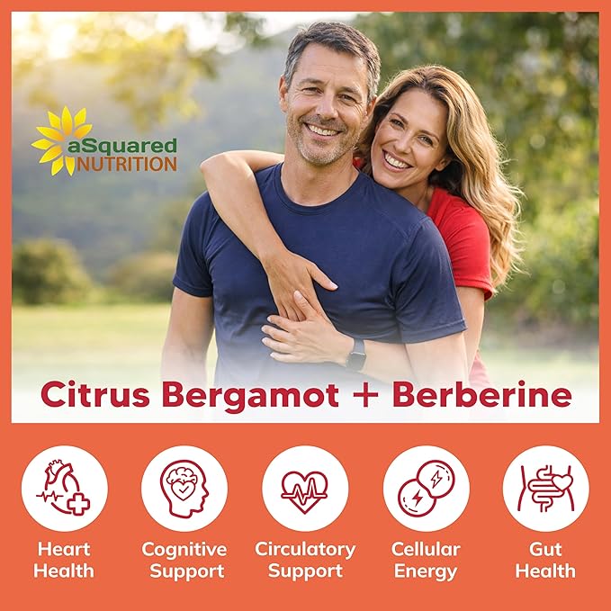 aSquared Nutrition Citrus Bergamot with Berberine Supplement - 1400mg Per Serving Max Strength Complex - 120 Capsules - Supports Cardiovascular Health - Pills Alternative to Gummies & Liquid Drops