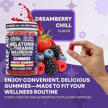 Clean Nutra Melatonin Gummies L Theanine Magnesium Valerian Root Lemon Balm Chamomile Vitamin C Gummy Saffron Sleep Aid Calm Vitamin B6 Stress Relief Hibiscus Relax Mood Happy Supplement Men Women