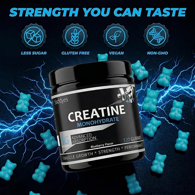 Creatine for Men, 5000MG Creatine Monohydrate Gummies for Men, Workout Support, 5g per Serving, Taurine + Vitamins B6 & B12, Blueberry Flavor, 120 Gummies (30 Servings)